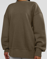 Woman wearing Shadow Mode Oversized Sweater - Walnut Grey | Model:Alex | Size:XS