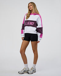 Woman wearing Slam Cropped Oversized Hoodie - White-Ultra Fuchsia | Model:Leilani | Size:XS