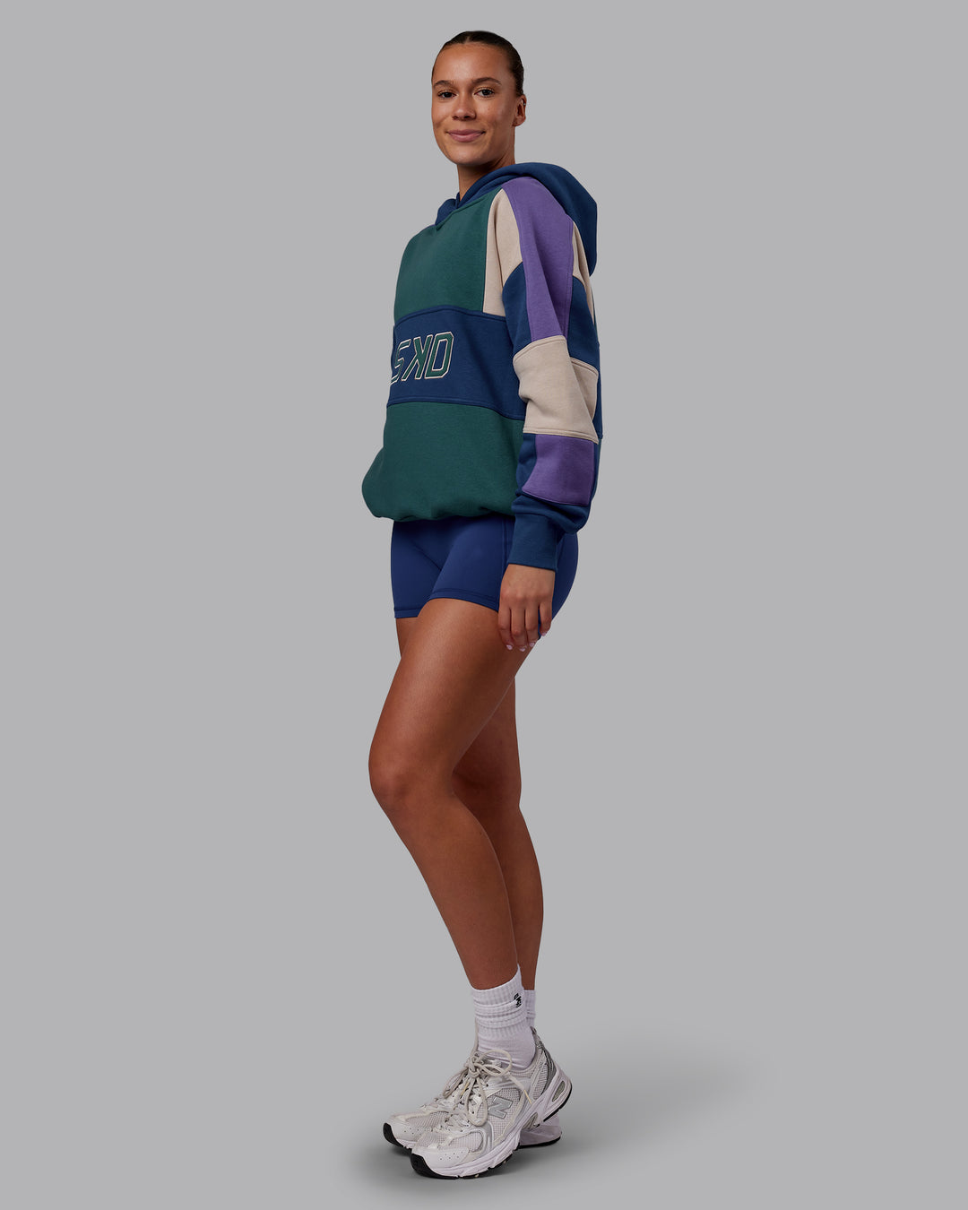 Woman wearing Slam Oversized Hoodie - Atlantic-Multi | Model:Charlize | Size:XS
