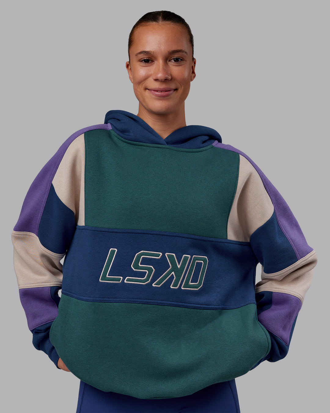 Woman wearing Slam Oversized Hoodie - Atlantic-Multi | Model:Charlize | Size:XS