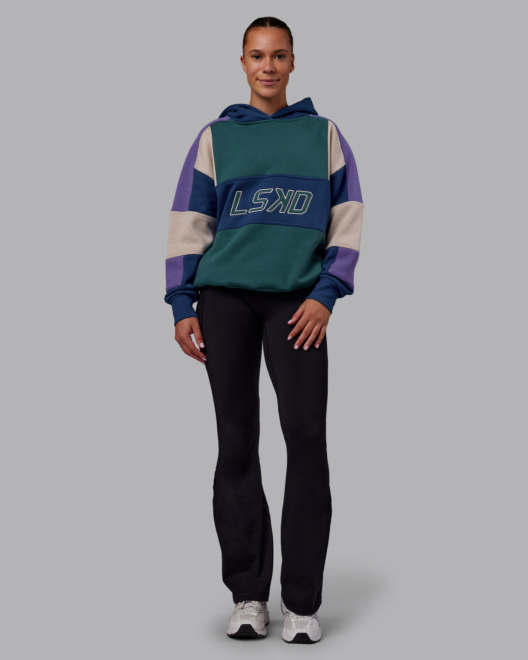Woman wearing Slam Oversized Hoodie - Atlantic-Multi | Model:Charlize | Size:XS