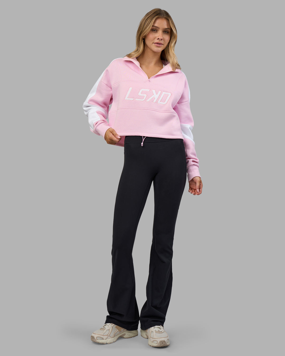 Woman wearing Slam Quarter Zip Sweater - Marshmallow-White | Model:Leilani | Size:XS