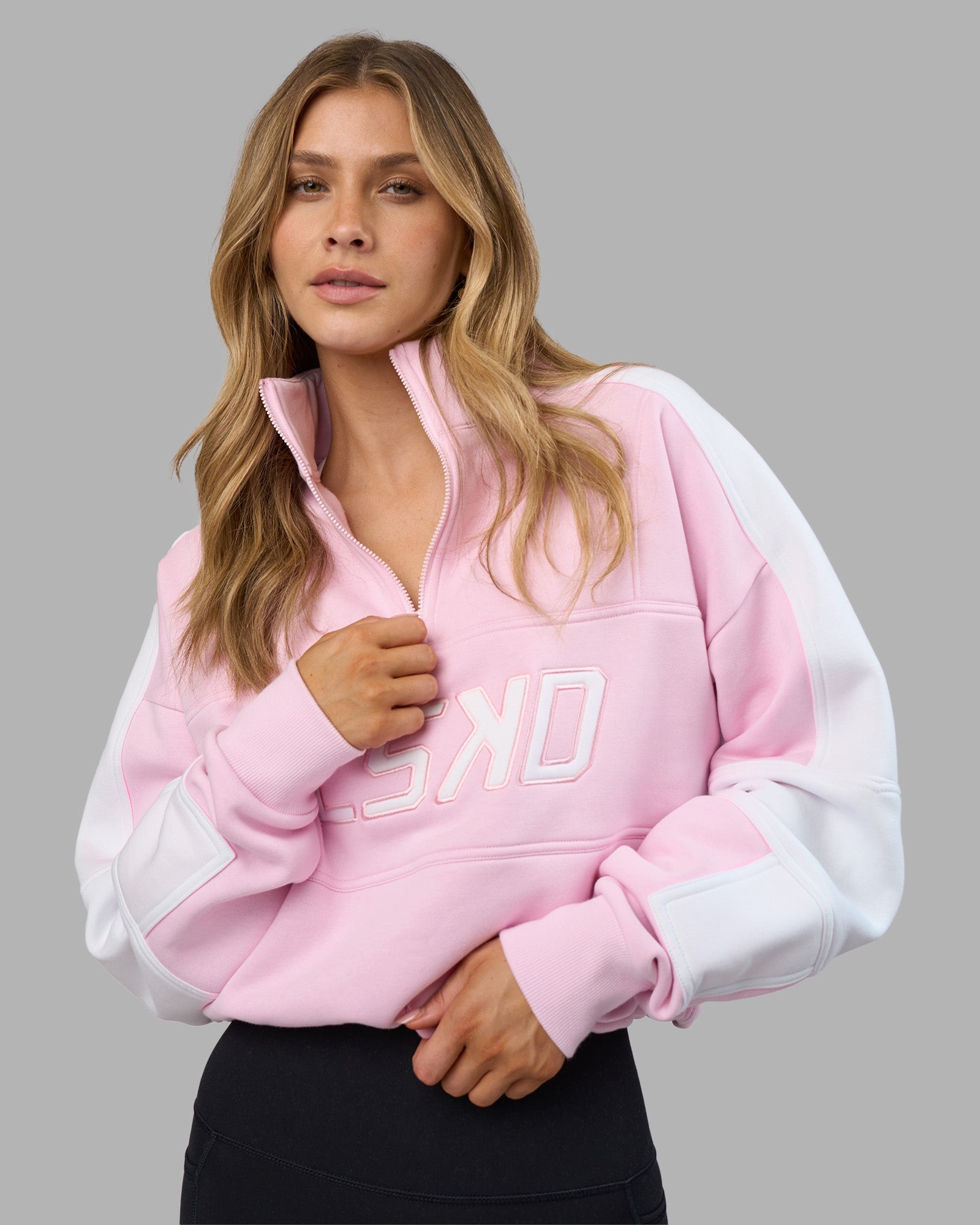 Woman wearing Slam Quarter Zip Sweater - Marshmallow-White | Model:Leilani | Size:XS