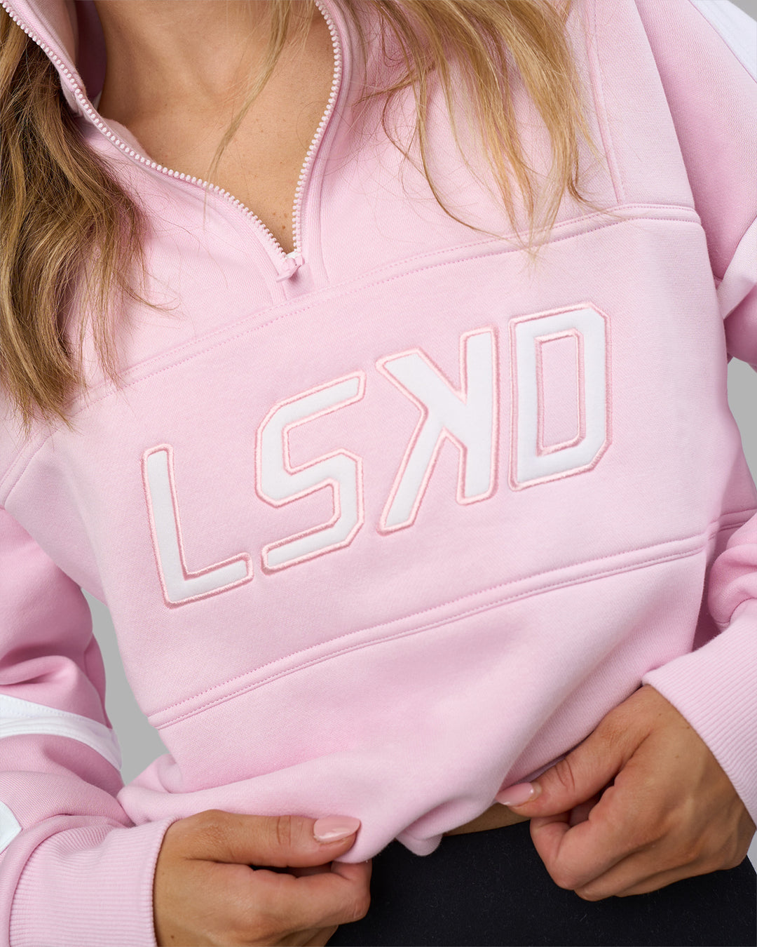 Woman wearing Slam Quarter Zip Sweater - Marshmallow-White | Model:Leilani | Size:XS