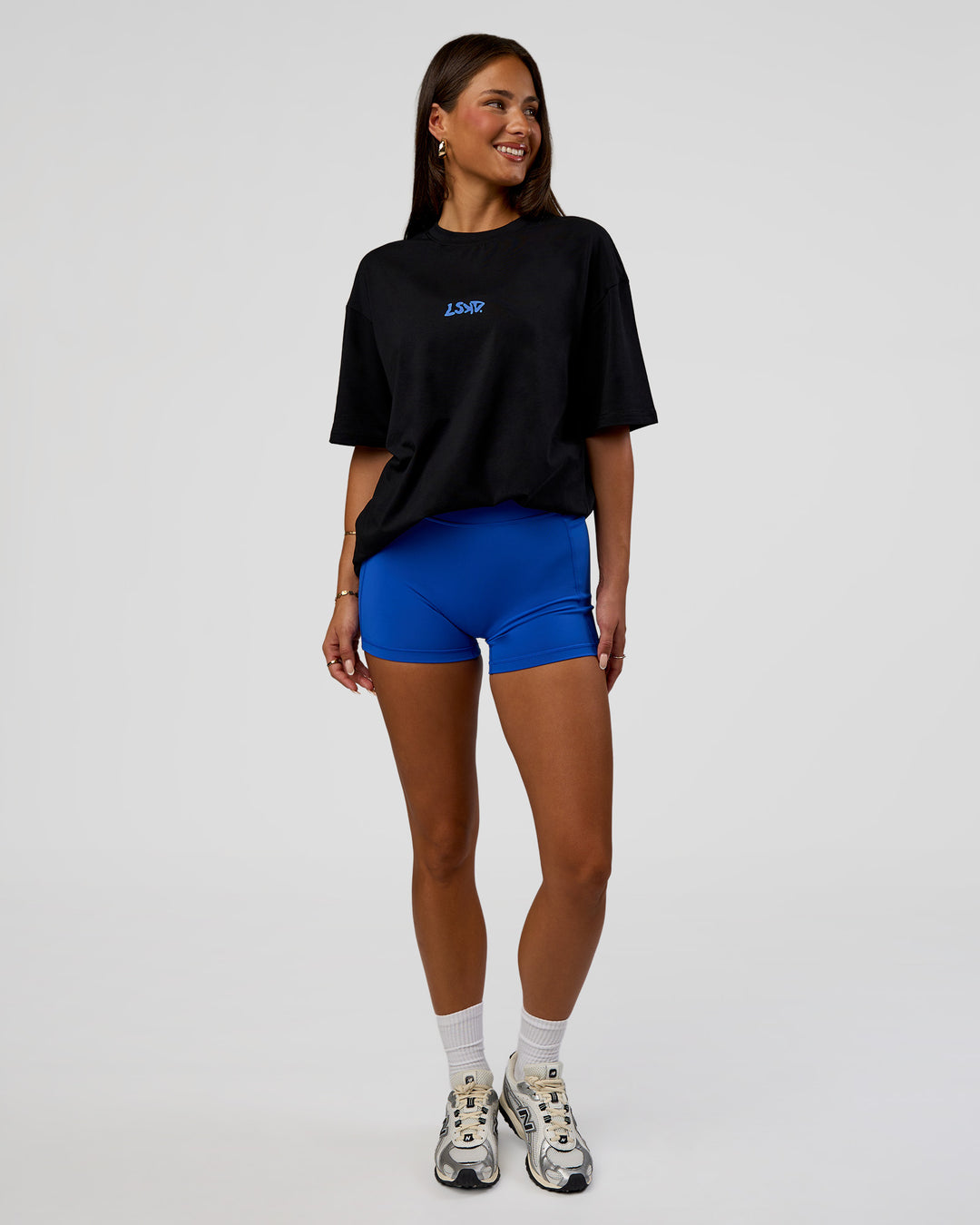 Woman wearing Standard Issue FLXCotton Oversized Tee - Black-Palace Blue | Model:Bianca | Size:XS