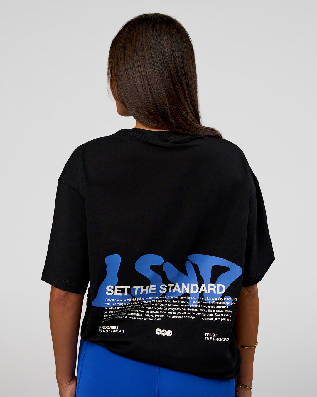 Woman wearing Standard Issue FLXCotton Oversized Tee - Black-Palace Blue | Model:Bianca | Size:XS