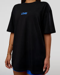 Woman wearing Standard Issue FLXCotton Oversized Tee - Black-Palace Blue | Model:Bianca | Size:XS