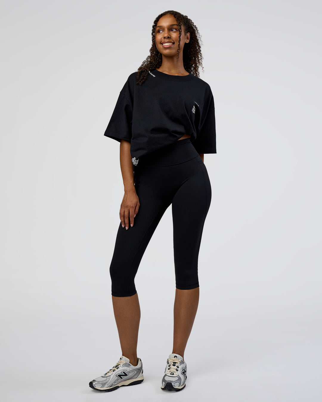 Woman wearing Sticker Heavyweight Oversized Tee - Black-White | Model:Jordan | Size:XS