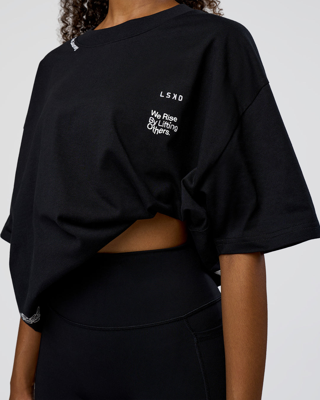 Woman wearing Sticker Heavyweight Oversized Tee - Black-White | Model:Jordan | Size:XS