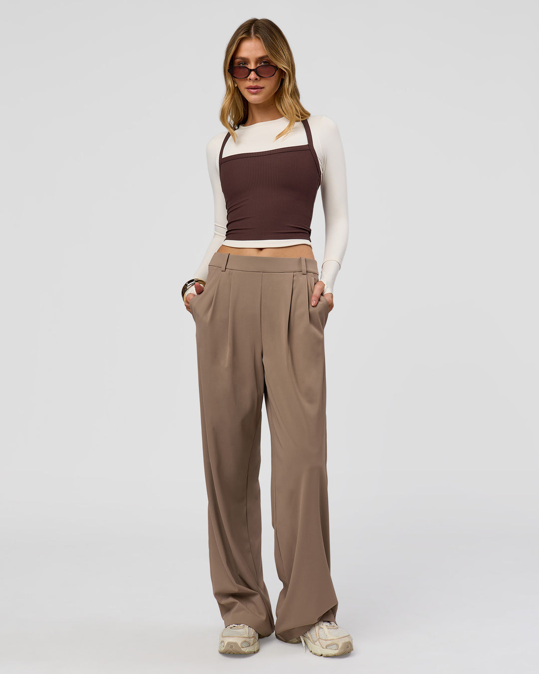 Woman wearing StretchShift Wide Leg Pant - Taupe Ash | Model:Leilani | Size:XS