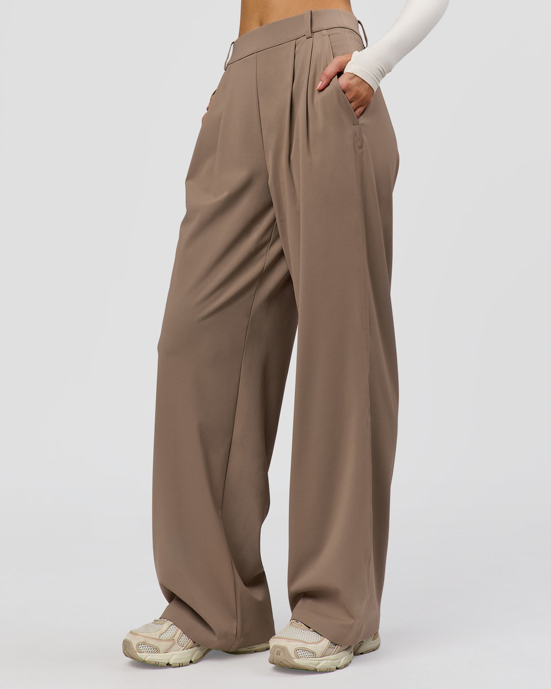 Woman wearing StretchShift Wide Leg Pant - Taupe Ash | Model:Leilani | Size:XS