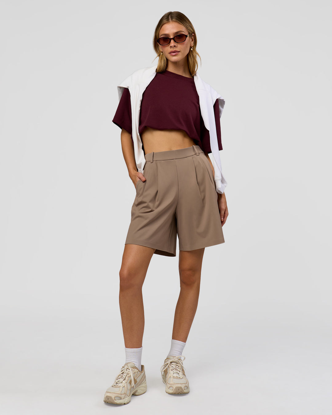 Woman wearing StretchShift Wide Leg Short - Taupe Ash | Model:Leilani | Size:XS