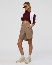Woman wearing StretchShift Wide Leg Short - Taupe Ash | Model:Leilani | Size:XS