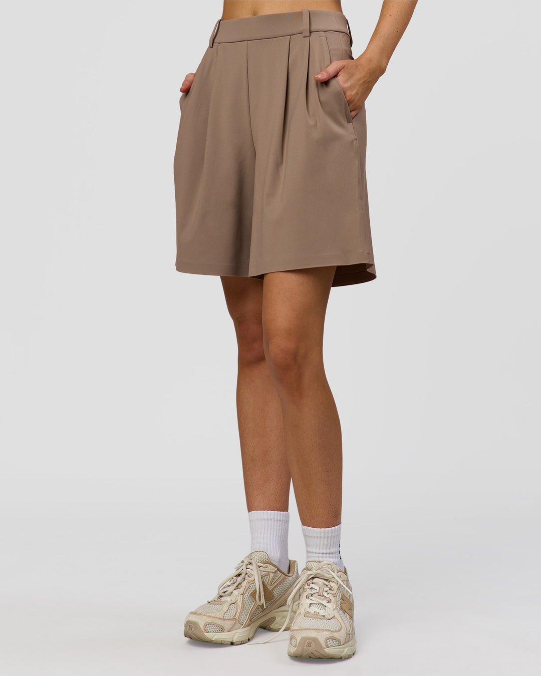 Woman wearing StretchShift Wide Leg Short - Taupe Ash | Model:Leilani | Size:XS