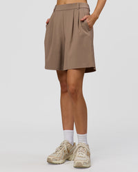 Woman wearing StretchShift Wide Leg Short - Taupe Ash | Model:Leilani | Size:XS