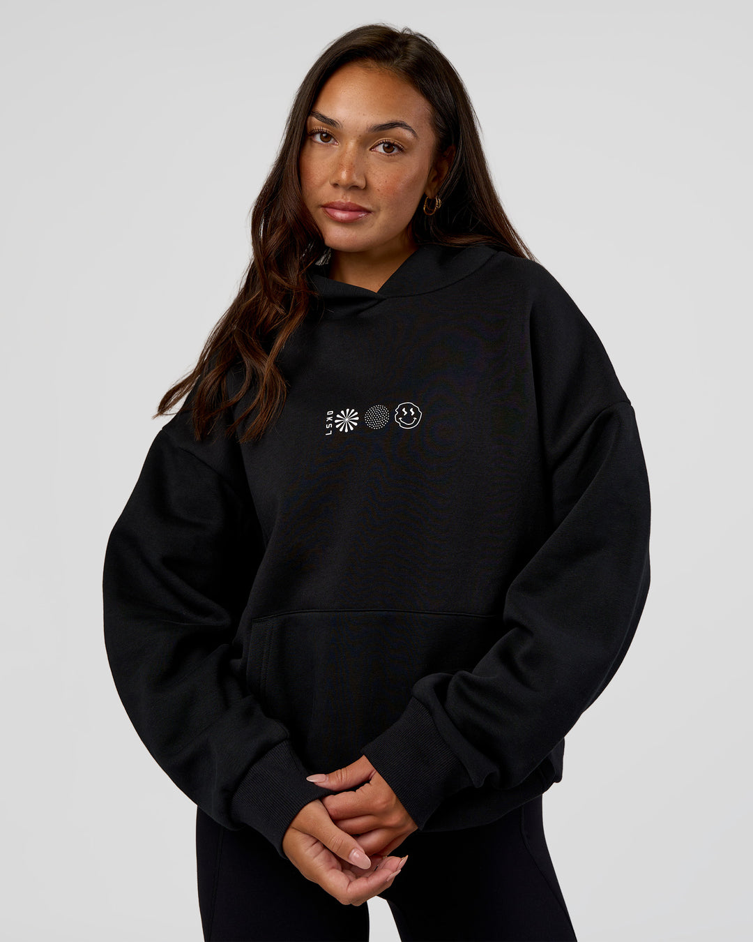 Woman wearing Trust The Process Unisex Oversized Hoodie - Black-White | Model:Kirstyn | Size:XS