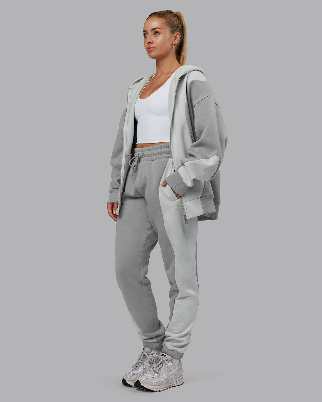 Woman wearing Stream Oversized Panel Zip Hoodie - Circular Grey-Digital Mist | Model:Hannah | Size:XS