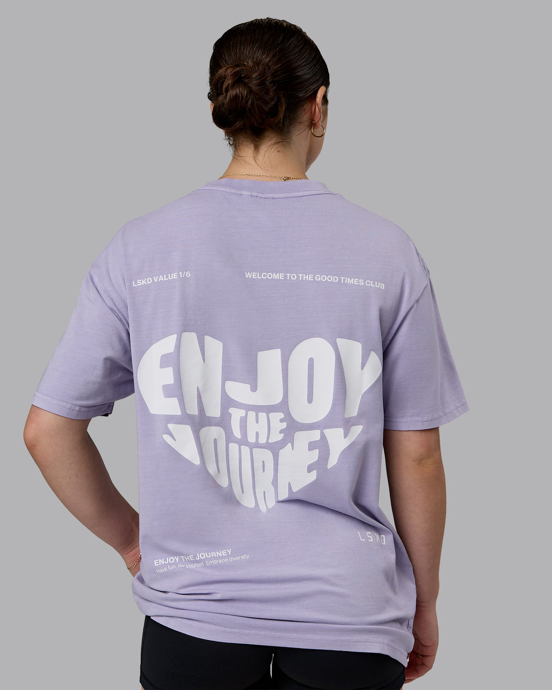 Woman wearing Heart FLXCotton Oversized Tee - Washed Violet Ray-White | Model:Sav | Size:XS