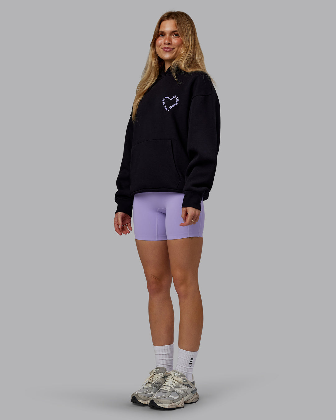 Woman wearing Unisex Love The Process Oversize Hoodie - Black-Violet Ray | Model:Emilie | Size:XS
