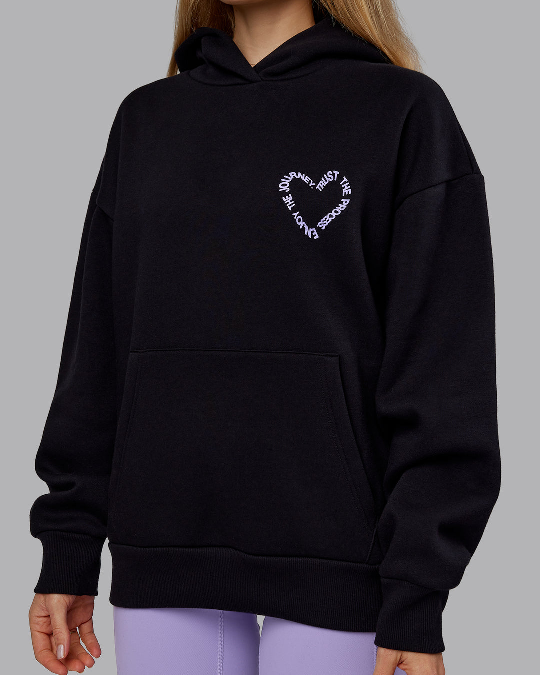 Woman wearing Unisex Love The Process Oversize Hoodie - Black-Violet Ray | Model:Emilie | Size:XS