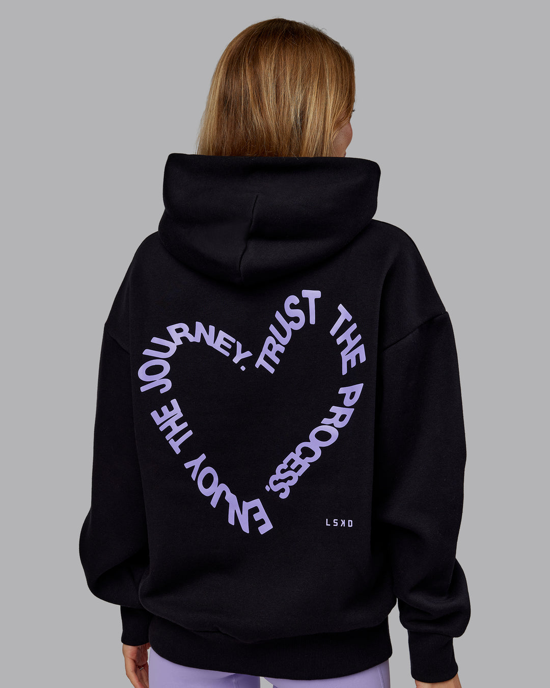 Woman wearing Unisex Love The Process Oversize Hoodie - Black-Violet Ray | Model:Emilie | Size:XS