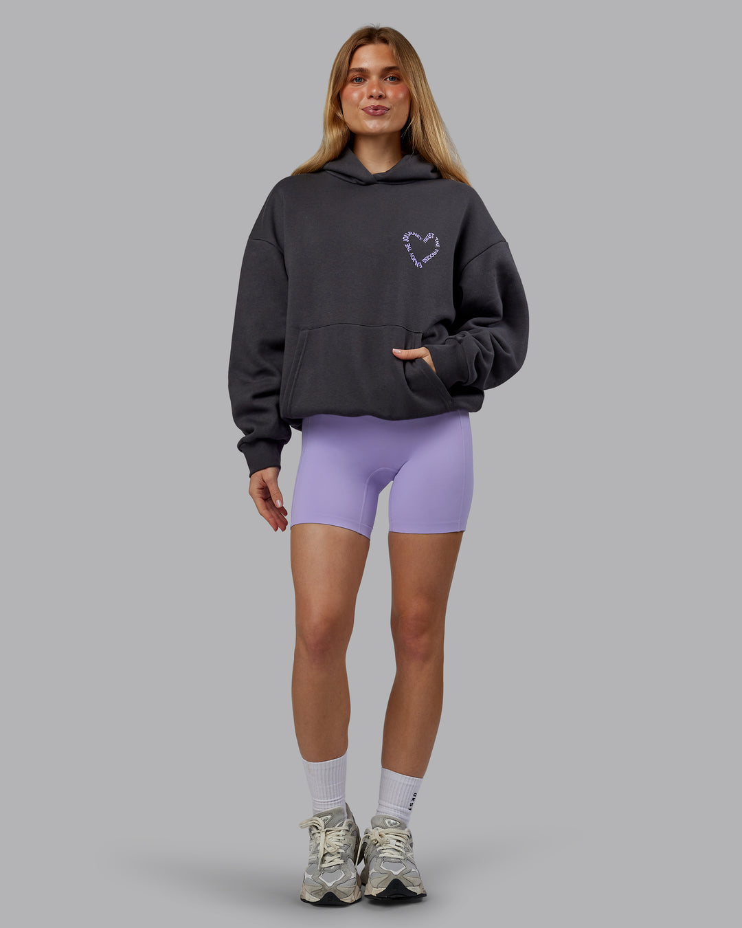 Woman wearing Unisex Love The Process Oversize Hoodie - Dark Storm-Violet Ray | Model:Emilie | Size:XS