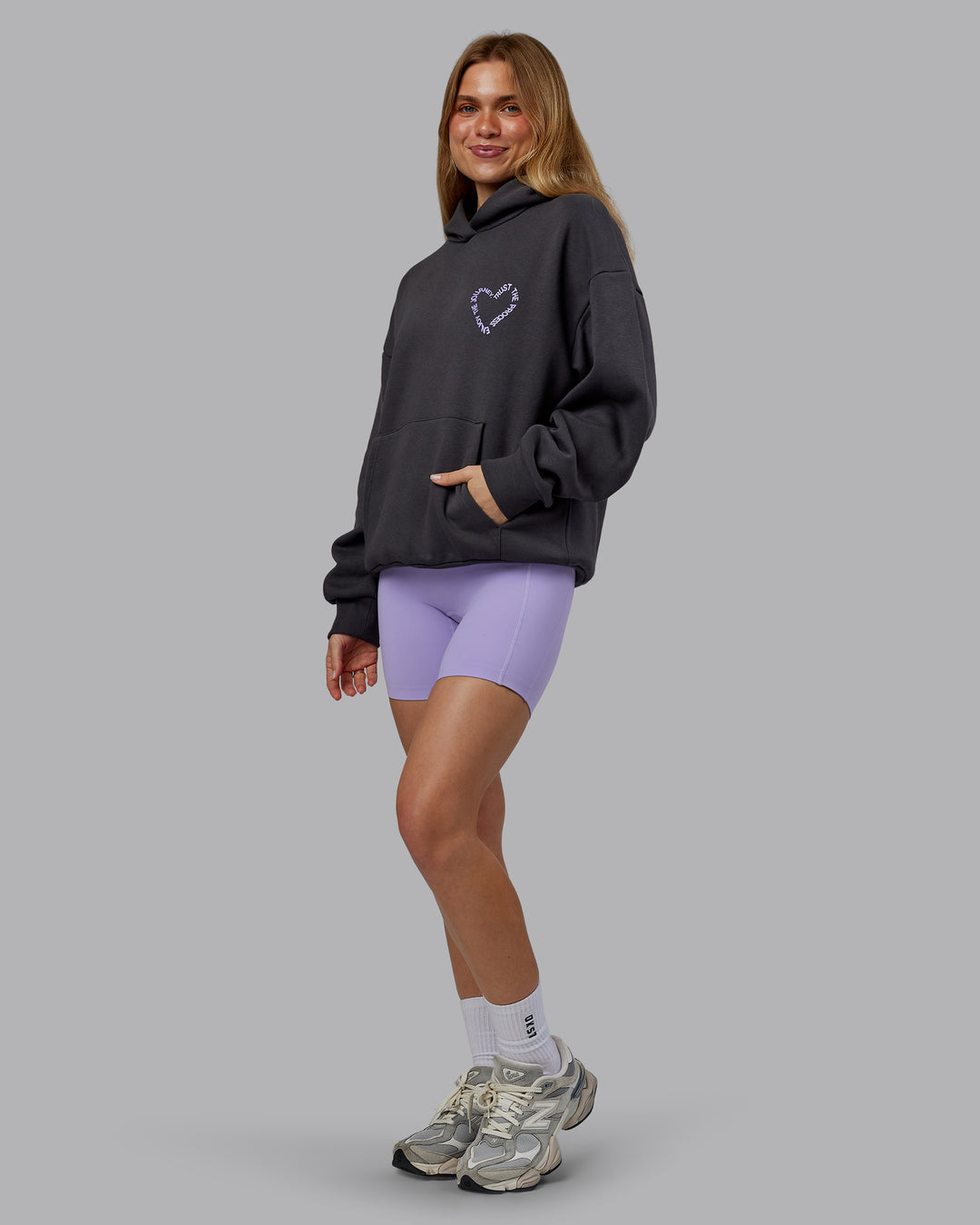 Woman wearing Unisex Love The Process Oversize Hoodie - Dark Storm-Violet Ray | Model:Emilie | Size:XS