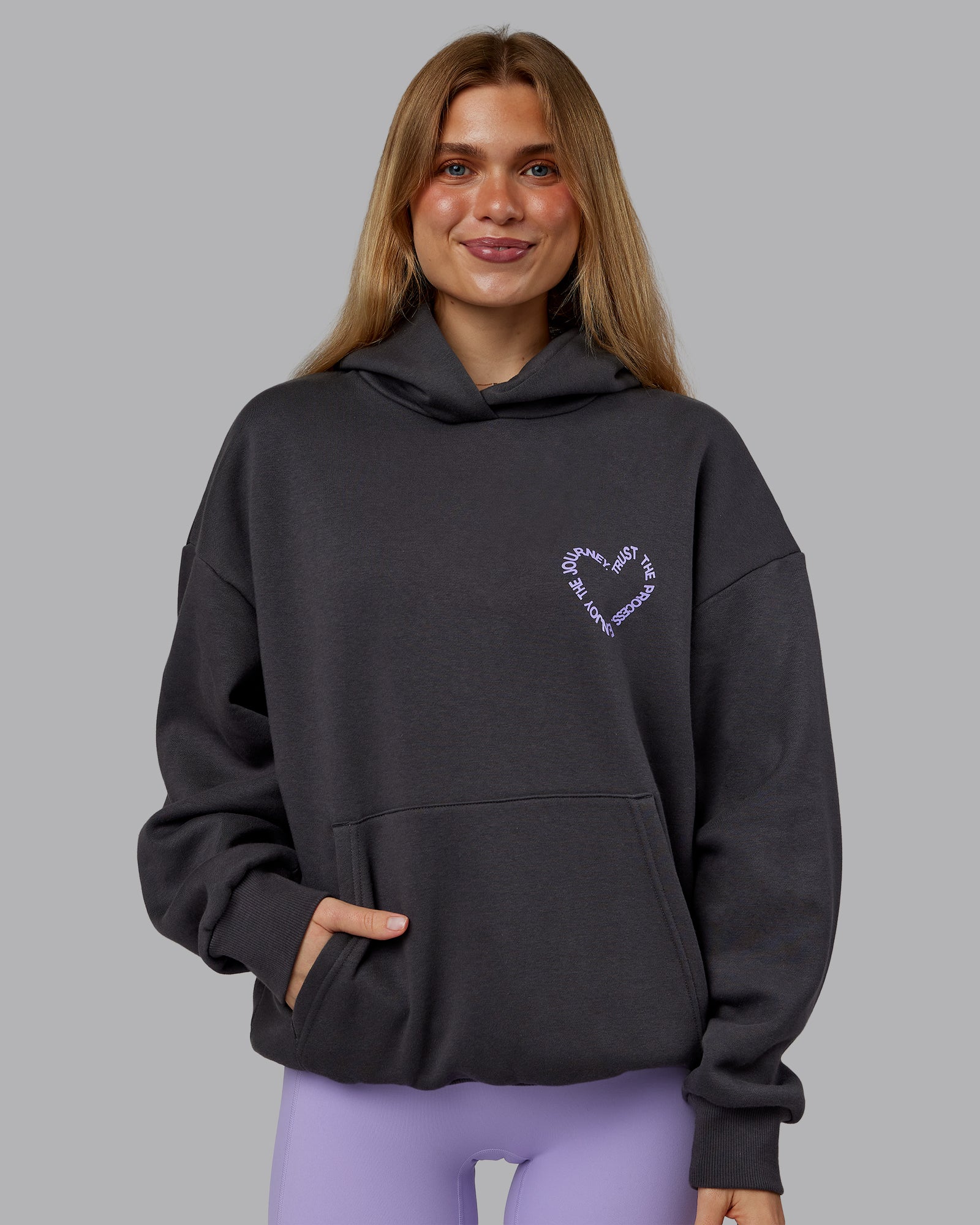 Woman wearing Unisex Love The Process Oversize Hoodie - Dark Storm-Violet Ray | Model:Emilie | Size:XS