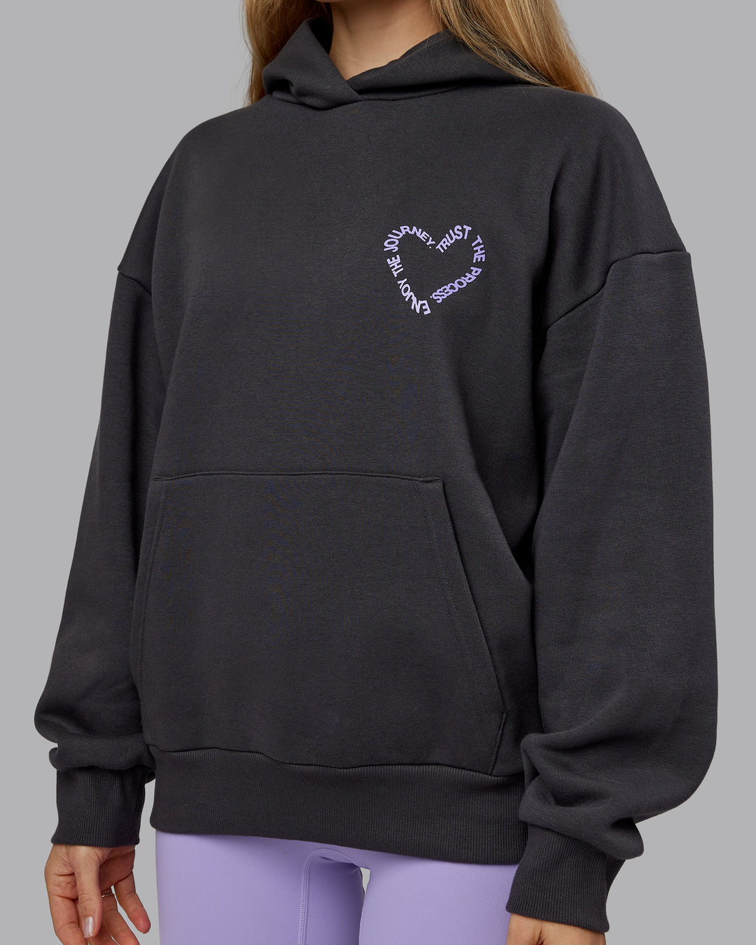 Woman wearing Unisex Love The Process Oversize Hoodie - Dark Storm-Violet Ray | Model:Emilie | Size:XS