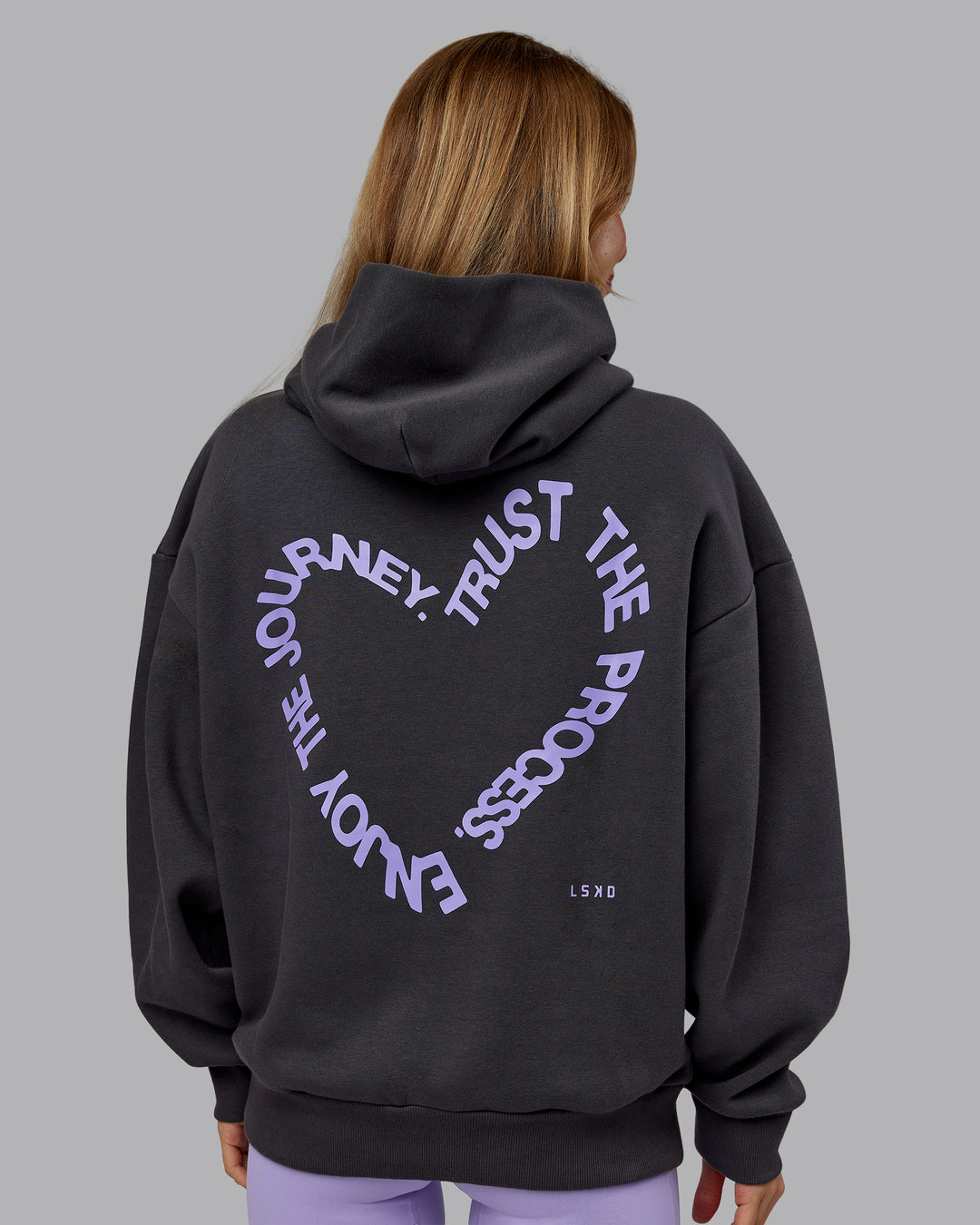 Woman wearing Unisex Love The Process Oversize Hoodie - Dark Storm-Violet Ray | Model:Emilie | Size:XS
