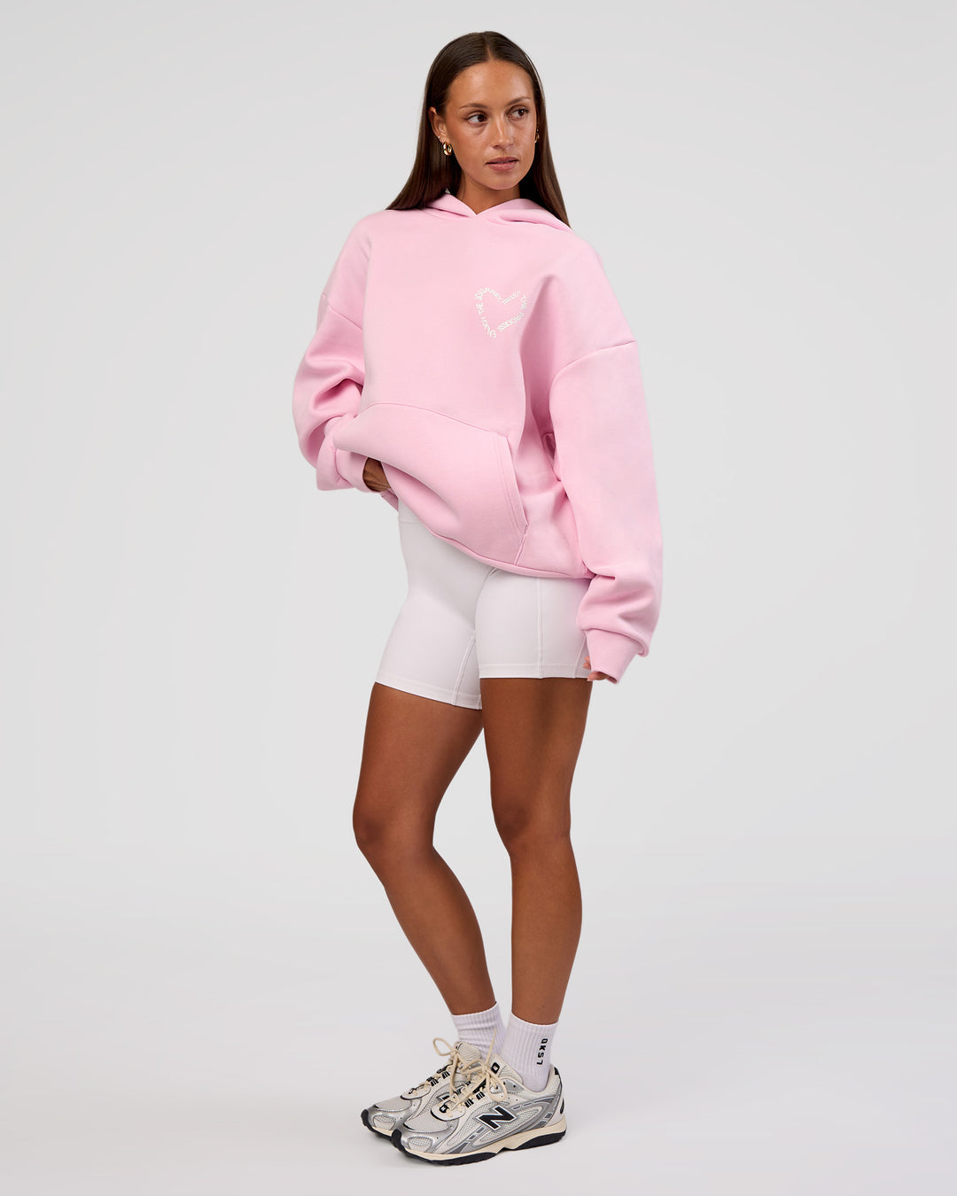Woman wearing Unisex Love The Process Oversize Hoodie - Marshmallow-White | Model:Brylee | Size:XS