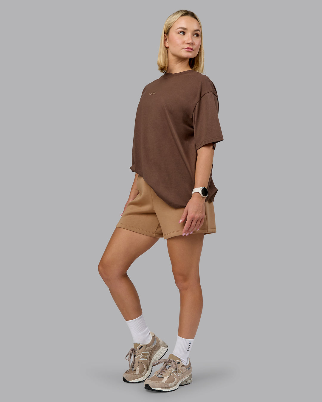 Woman wearing On Repeat FLXCotton Oversized Tee - Chocolate Martini-Taupe | Model:Halle | Size:S