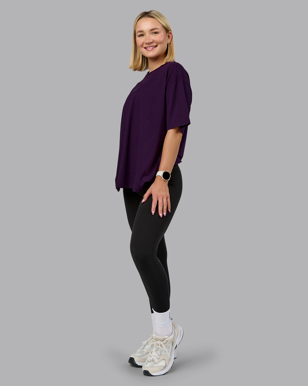 Woman wearing On Repeat FLXCotton Oversized Tee - Deep Purple-Lilac Smoke | Model:Halle | Size:S