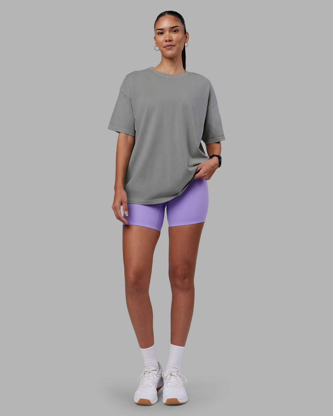 Woman wearing Pressure Washed Heavyweight Oversize Tee - Grey-Bubblegum | Model:Rhiley | Size:XS