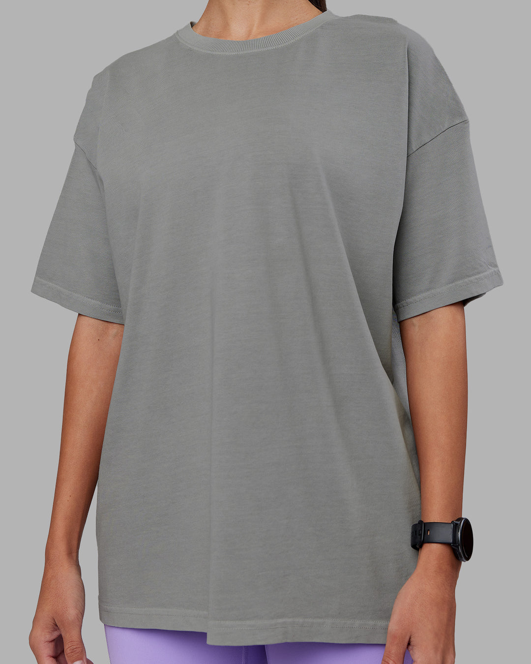 Woman wearing Pressure Washed Heavyweight Oversize Tee - Grey-Bubblegum | Model:Rhiley | Size:XS