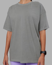 Woman wearing Pressure Washed Heavyweight Oversize Tee - Grey-Bubblegum | Model:Rhiley | Size:XS