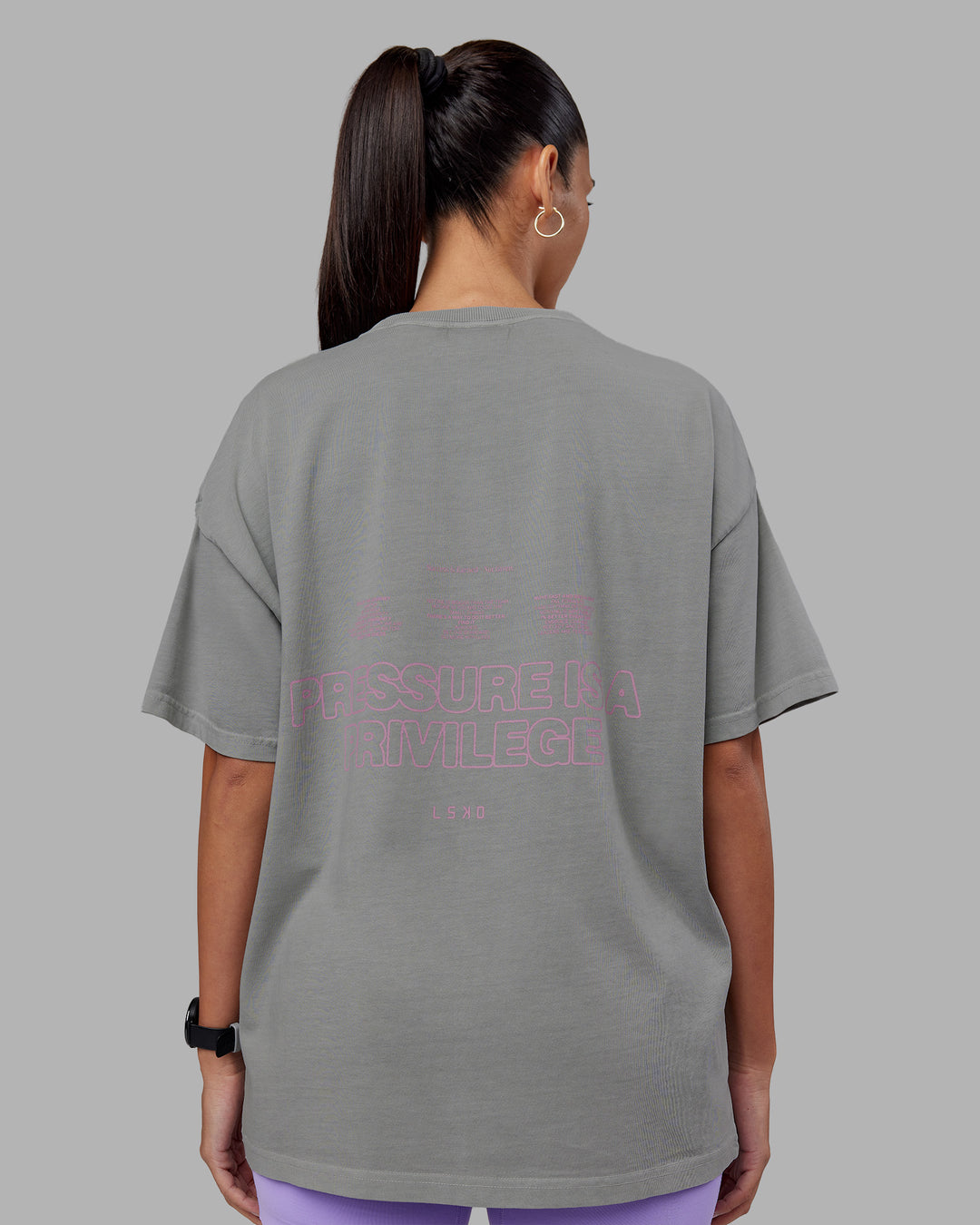 Woman wearing Pressure Washed Heavyweight Oversize Tee - Grey-Bubblegum | Model:Rhiley | Size:XS