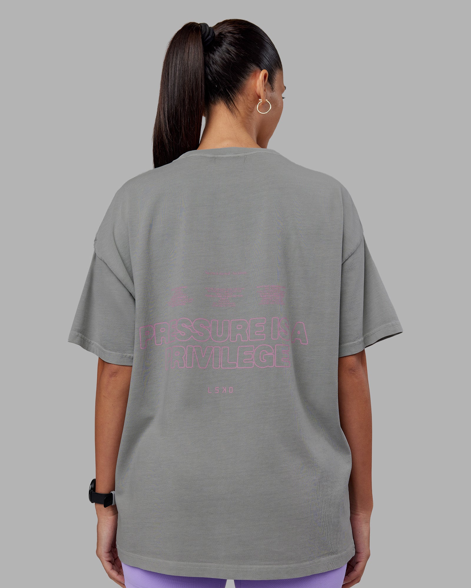 Woman wearing Pressure Washed Heavyweight Oversize Tee - Grey-Bubblegum | Model:Rhiley | Size:XS