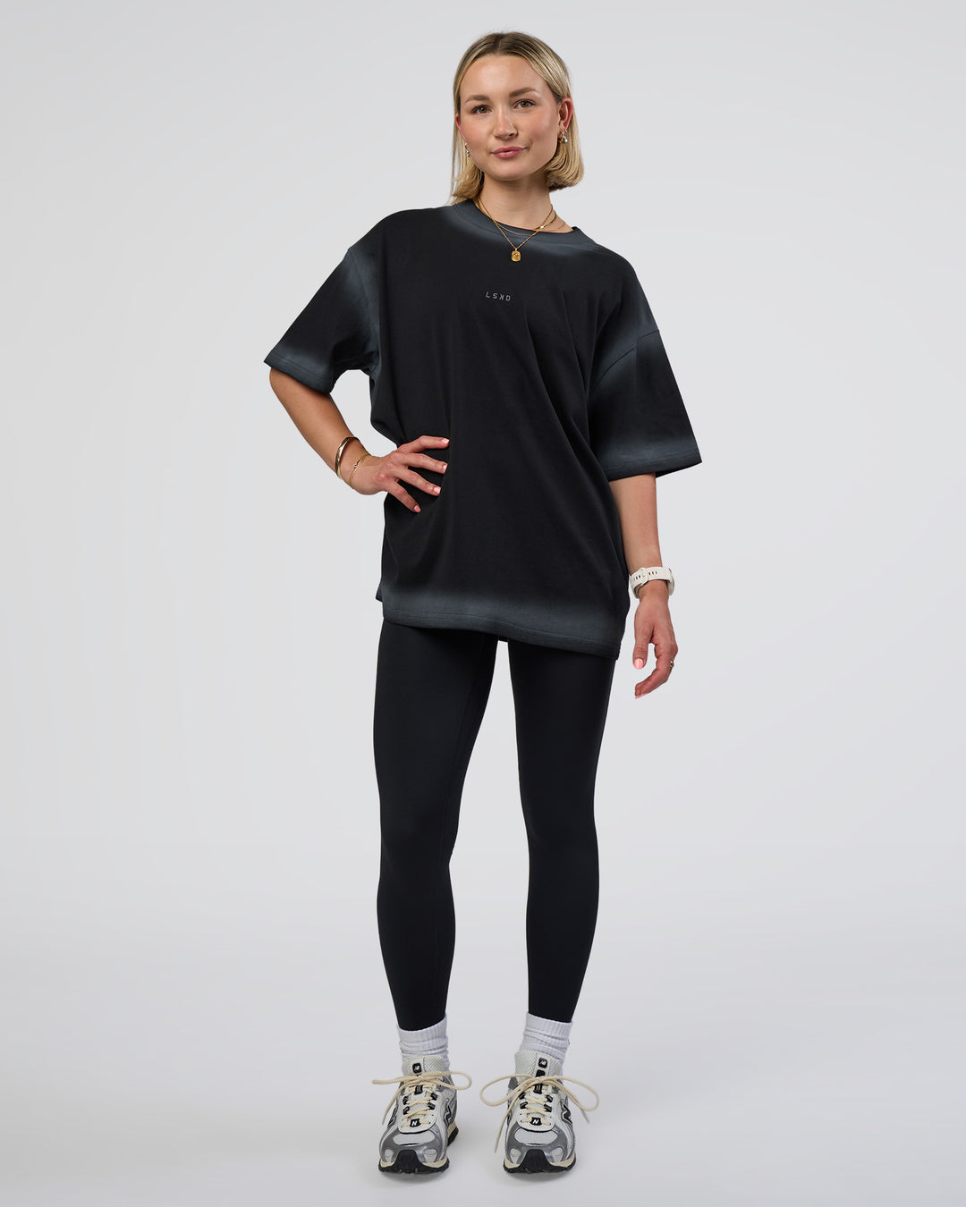 Woman wearing Urban Blur Heavyweight Unisex Oversized Tee - Black-Dark Storm | Model:Halle | Size:XS
