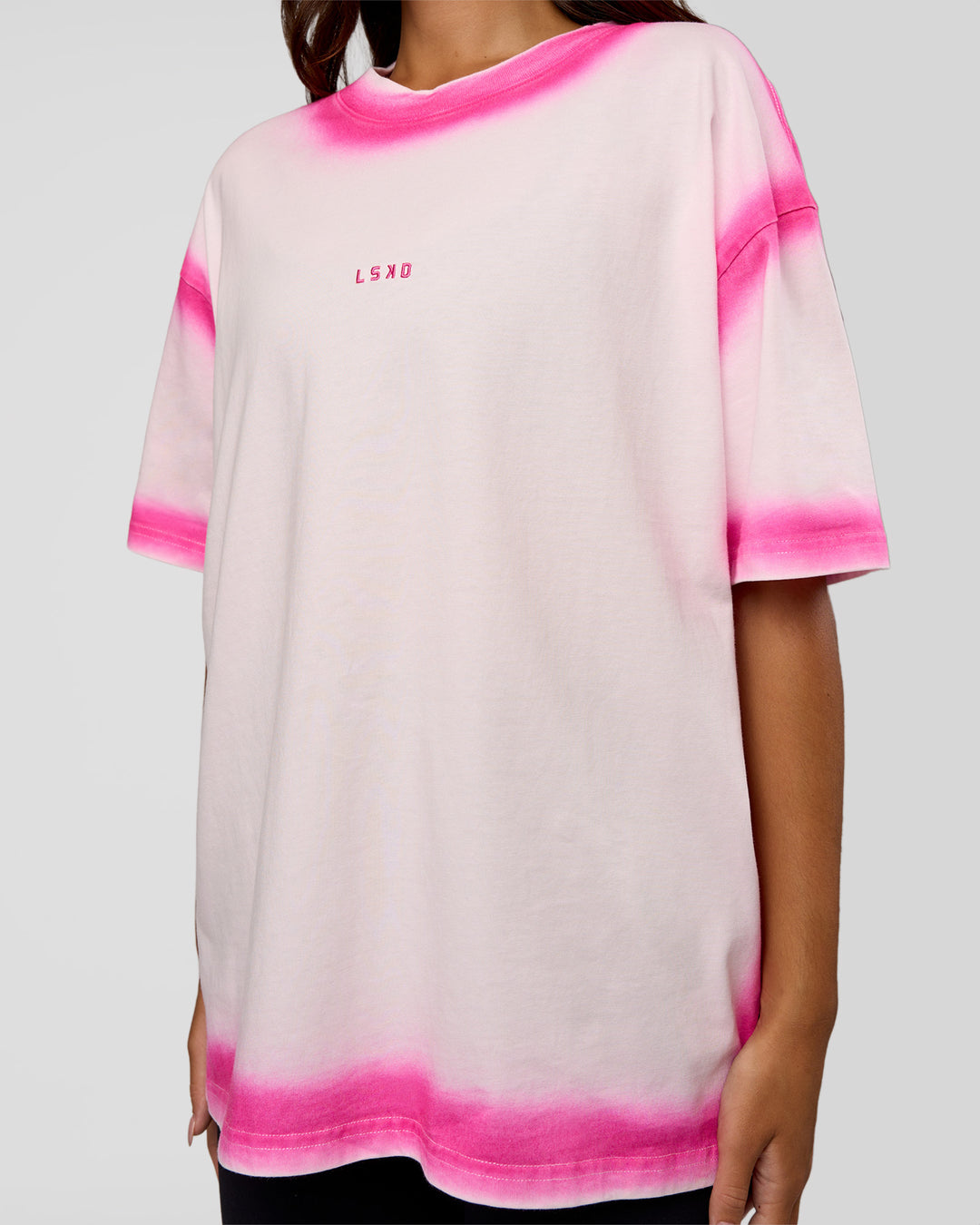 Woman wearing Urban Blur Heavyweight Unisex Oversized Tee - Off White-Ultra Pink | Model:Kirstyn | Size:XS
