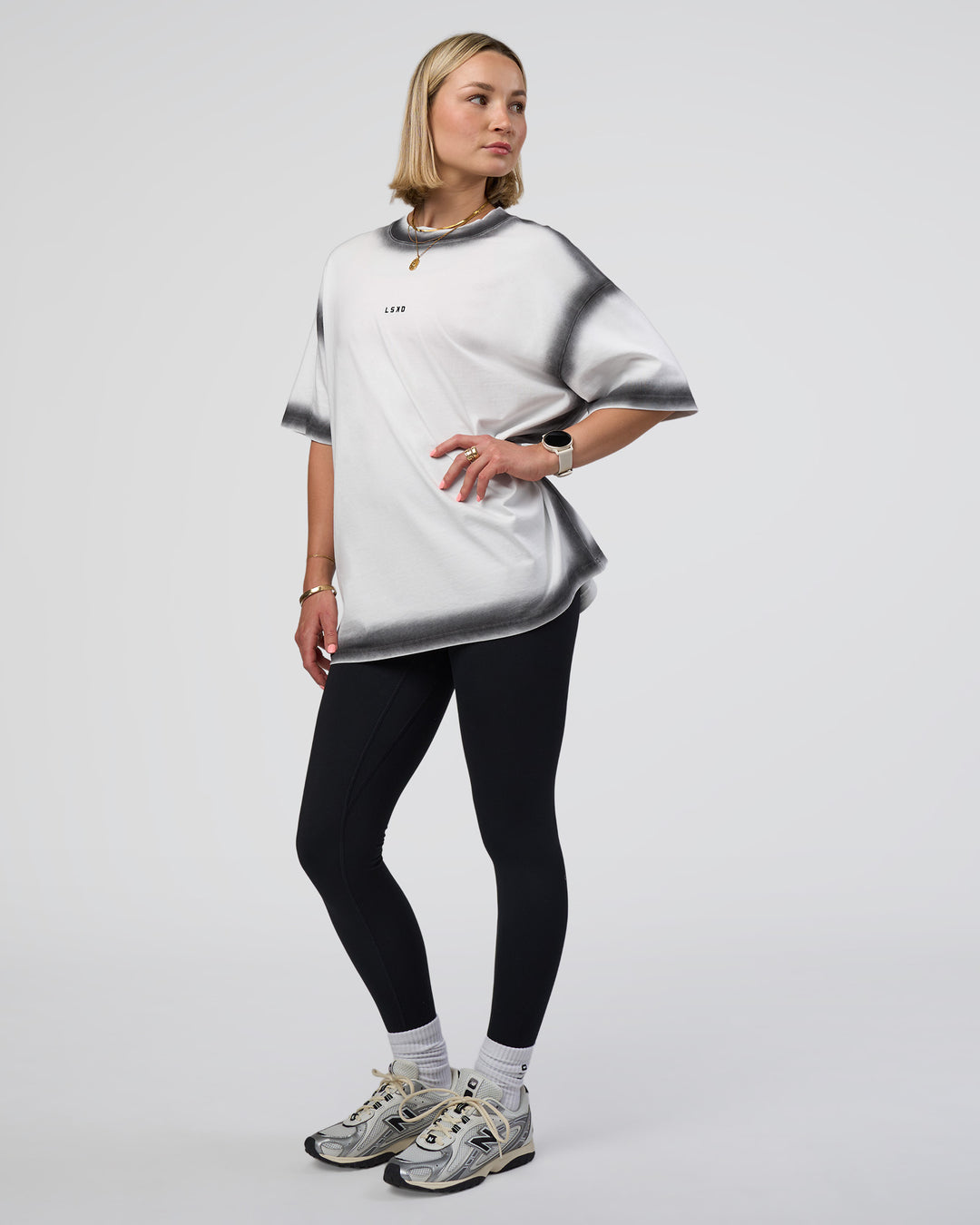 Woman wearing Urban Blur Heavyweight Unisex Oversized Tee - White-Black | Model:Halle | Size:XS