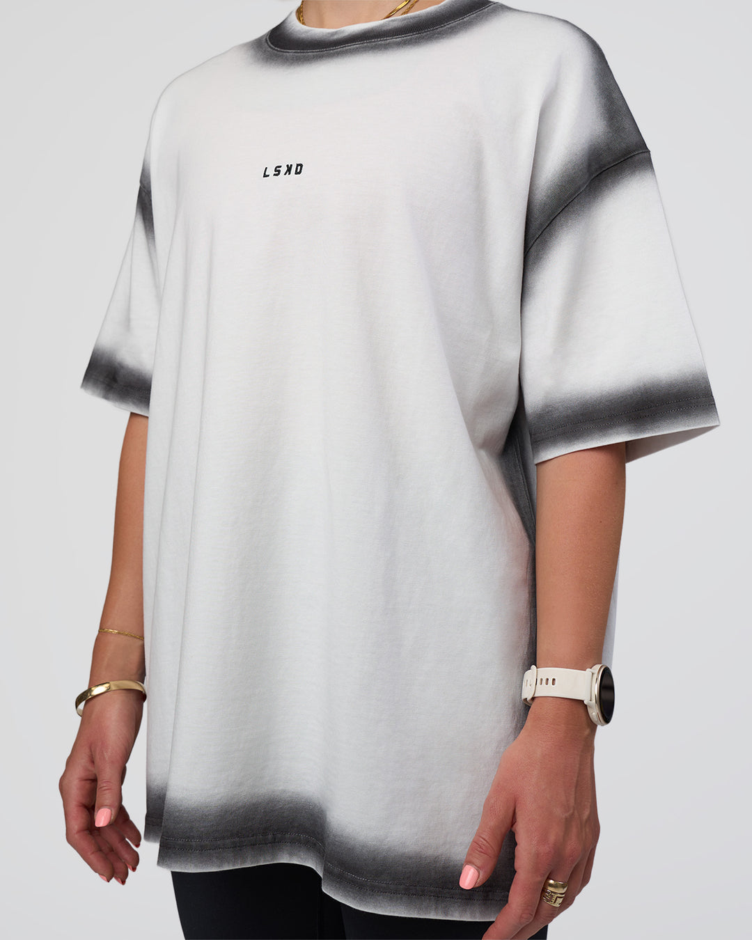 Woman wearing Urban Blur Heavyweight Unisex Oversized Tee - White-Black | Model:Halle | Size:XS