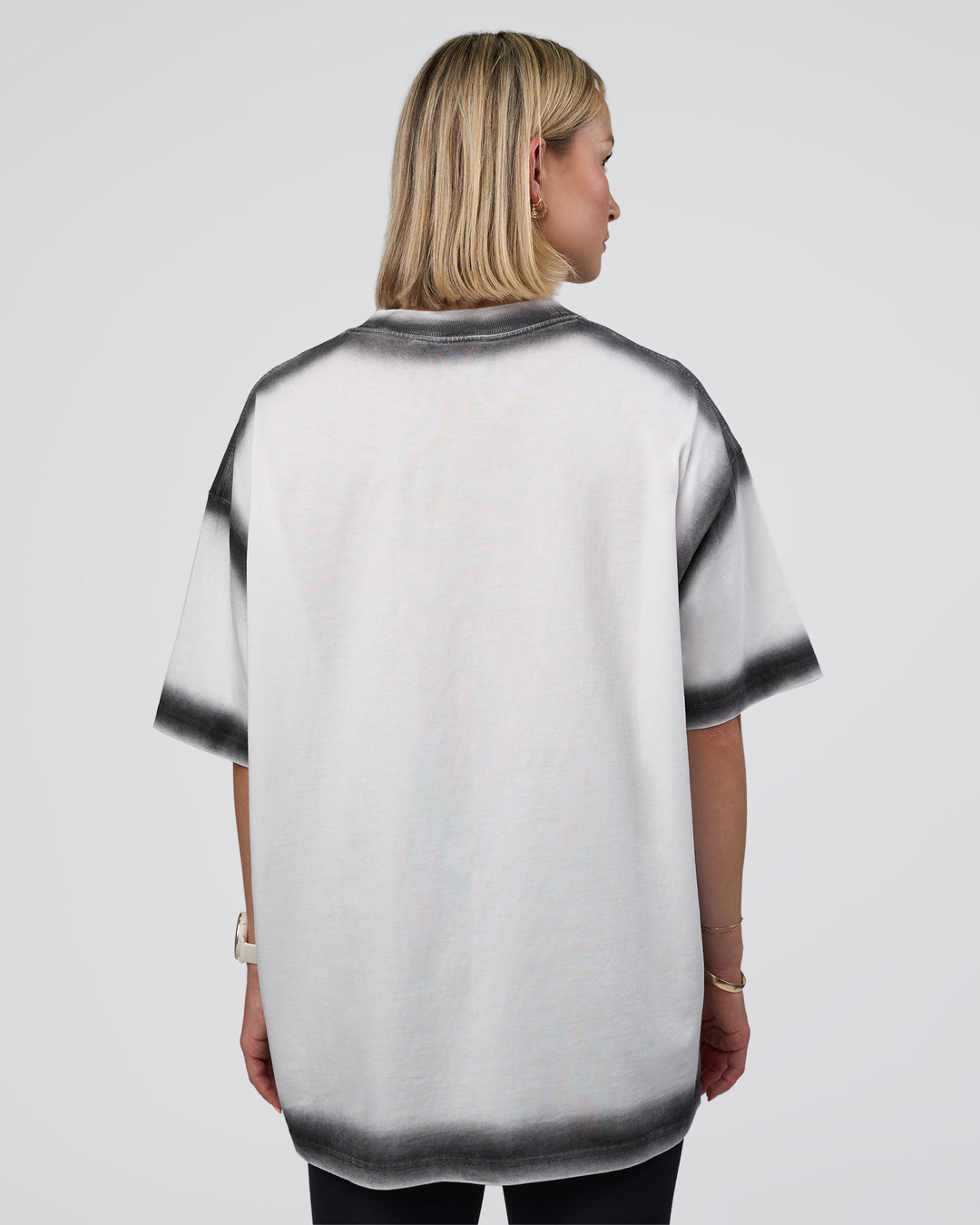 Woman wearing Urban Blur Heavyweight Unisex Oversized Tee - White-Black | Model:Halle | Size:XS