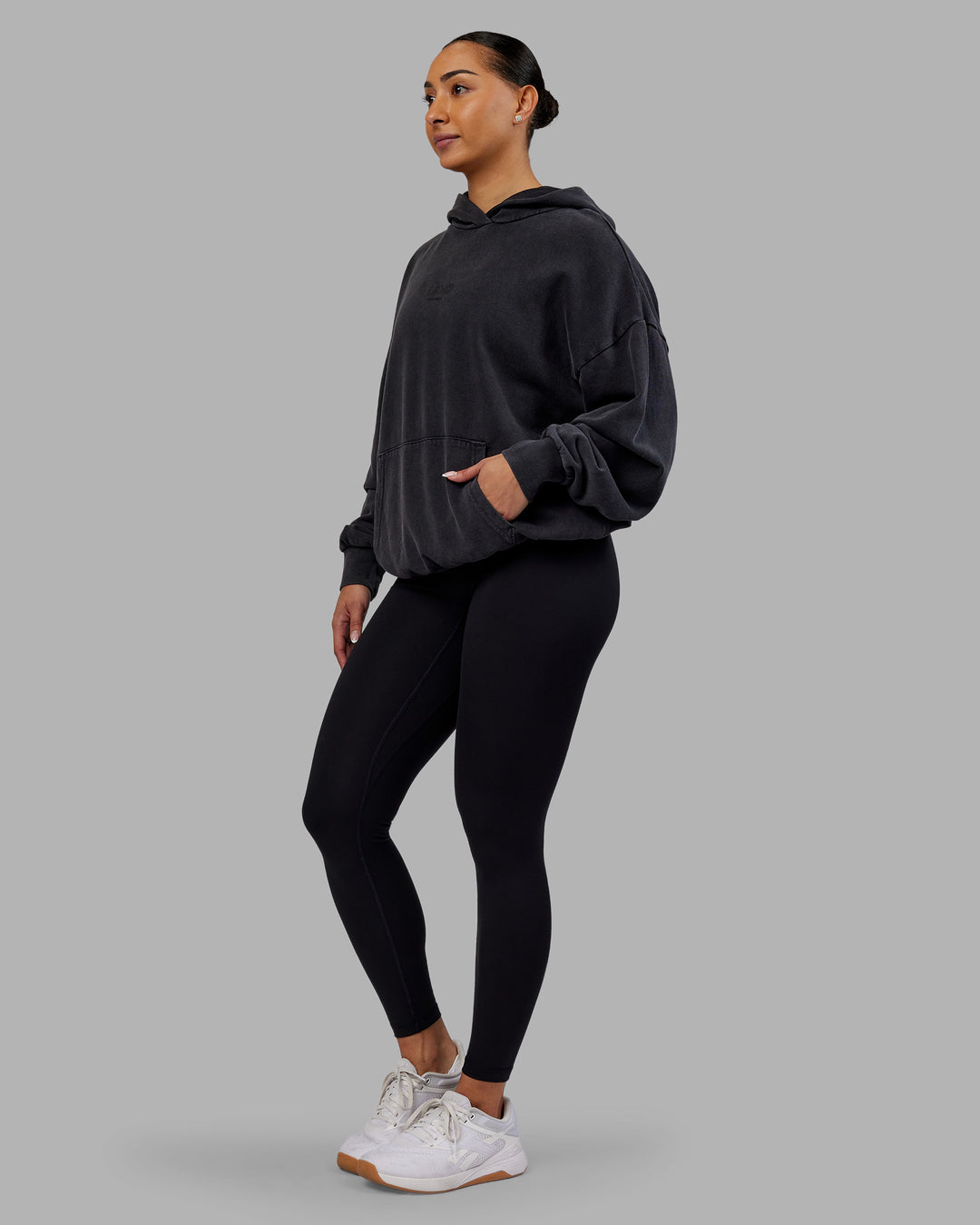 Woman wearing Variation Washed Oversized Hoodie - Black-Black | Model:Ayla | Size:XS