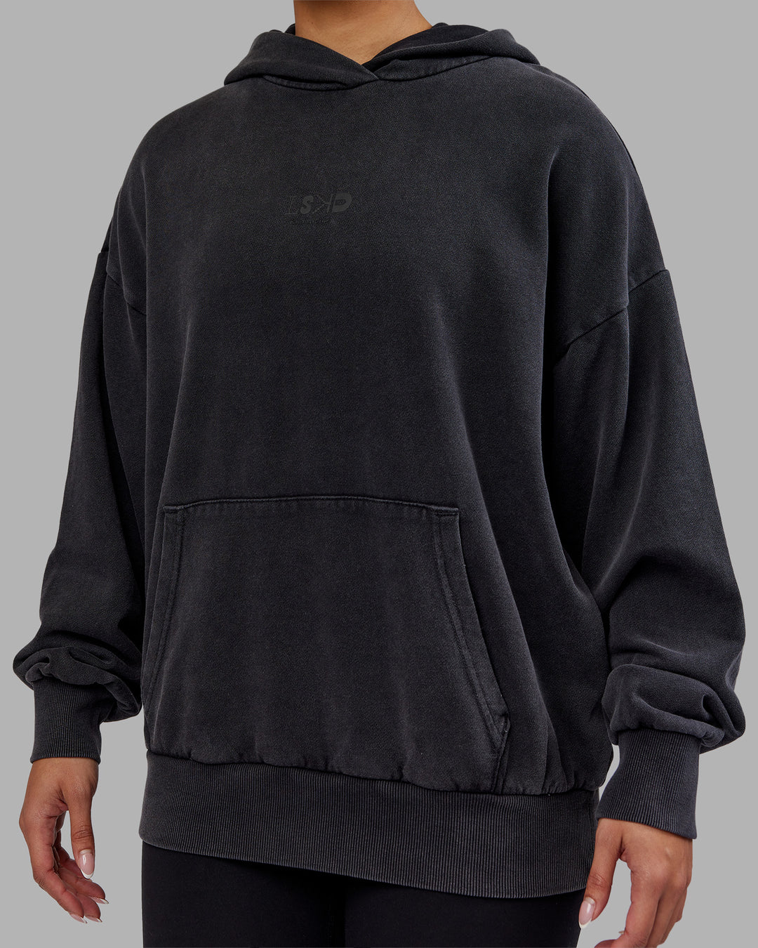 Woman wearing Variation Washed Oversized Hoodie - Black-Black | Model:Ayla | Size:XS