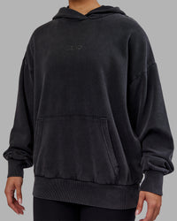 Woman wearing Variation Washed Oversized Hoodie - Black-Black | Model:Ayla | Size:XS