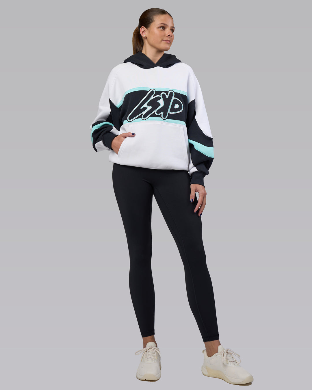 Woman wearing Vibe Oversized Unisex Hoodie - White-Island Paradise | Model:Phoebe | Size:XS