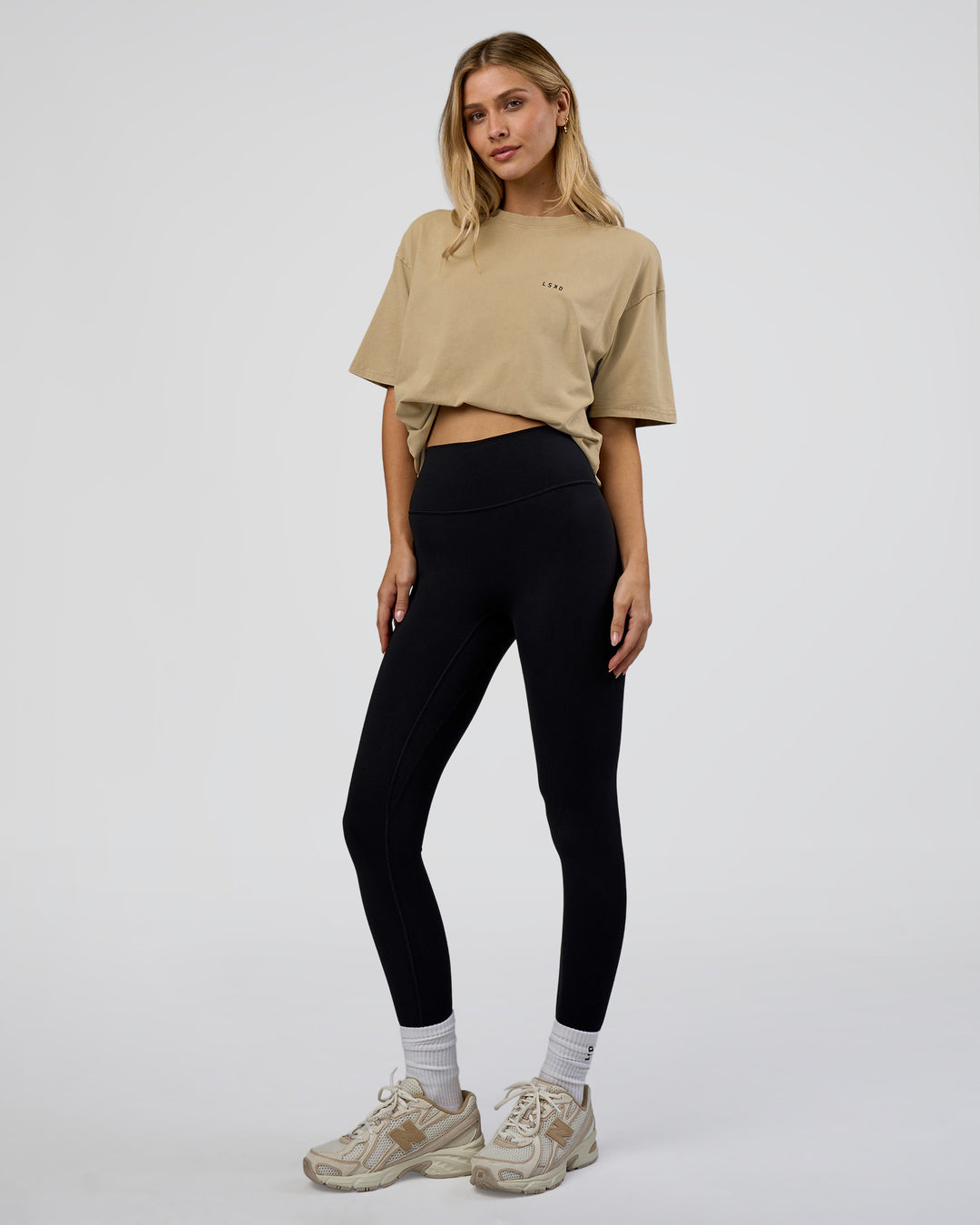 Woman wearing We Love This  FLXCotton Oversized Tee - Greige Washed-Black | Model:Leilani | Size:XS