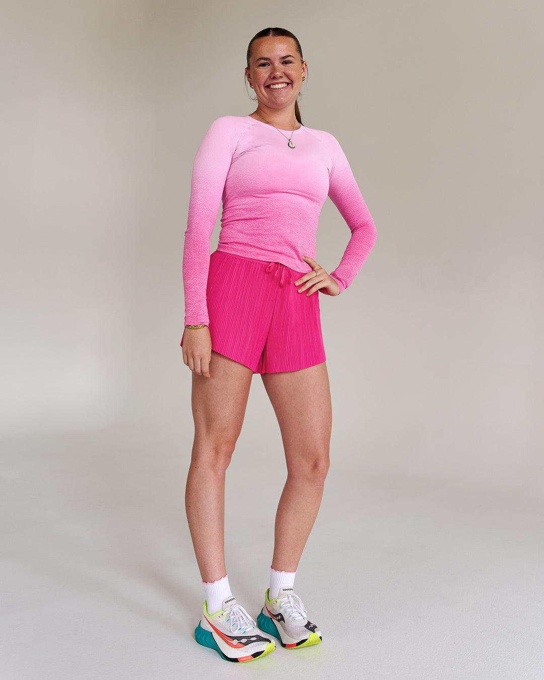Campaign image of AeroFLX+ Seamless Long Sleeve Tee - Ultra Pink/Marshmallow Dip Dye - view 9
