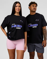 Duo wearing League Heavyweight FLXCotton Oversized Tee - Black-Power Cobalt | Model:Xav | Size:L | Model:Rhiley | Size:XS